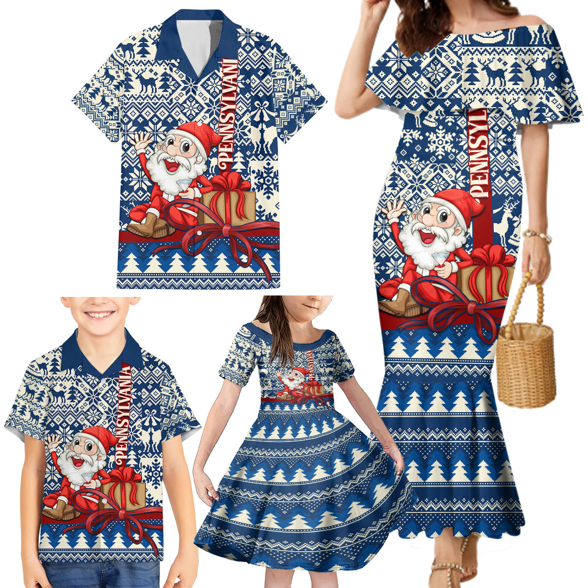 Pennsylvania Christmas Family Matching Mermaid Dress and Hawaiian Shirt Santa Claus With Gift Box Xmas Pattern - Wonder Print Shop