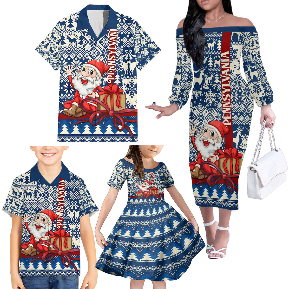 Pennsylvania Christmas Family Matching Off Shoulder Long Sleeve Dress and Hawaiian Shirt Santa Claus With Gift Box Xmas Pattern - Wonder Print Shop