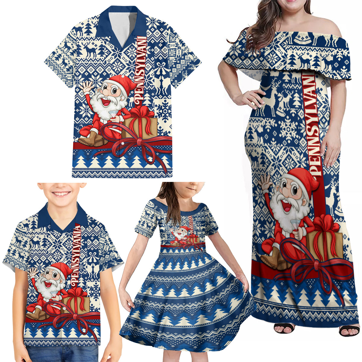 Pennsylvania Christmas Family Matching Off Shoulder Maxi Dress and Hawaiian Shirt Santa Claus With Gift Box Xmas Pattern - Wonder Print Shop