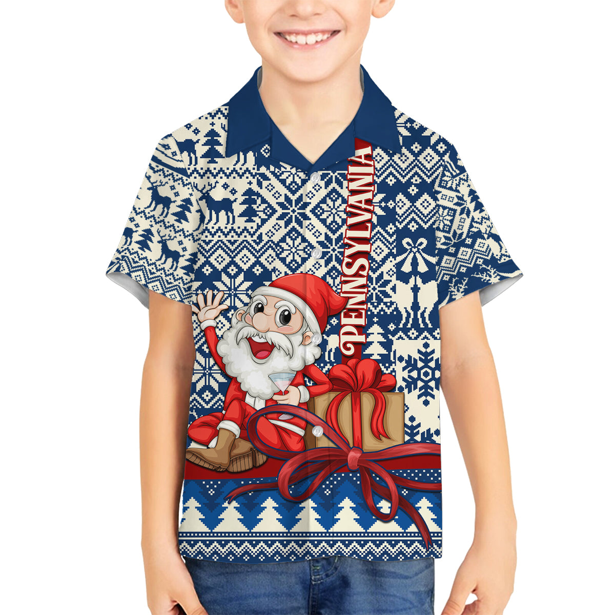 Pennsylvania Christmas Family Matching Off Shoulder Maxi Dress and Hawaiian Shirt Santa Claus With Gift Box Xmas Pattern - Wonder Print Shop