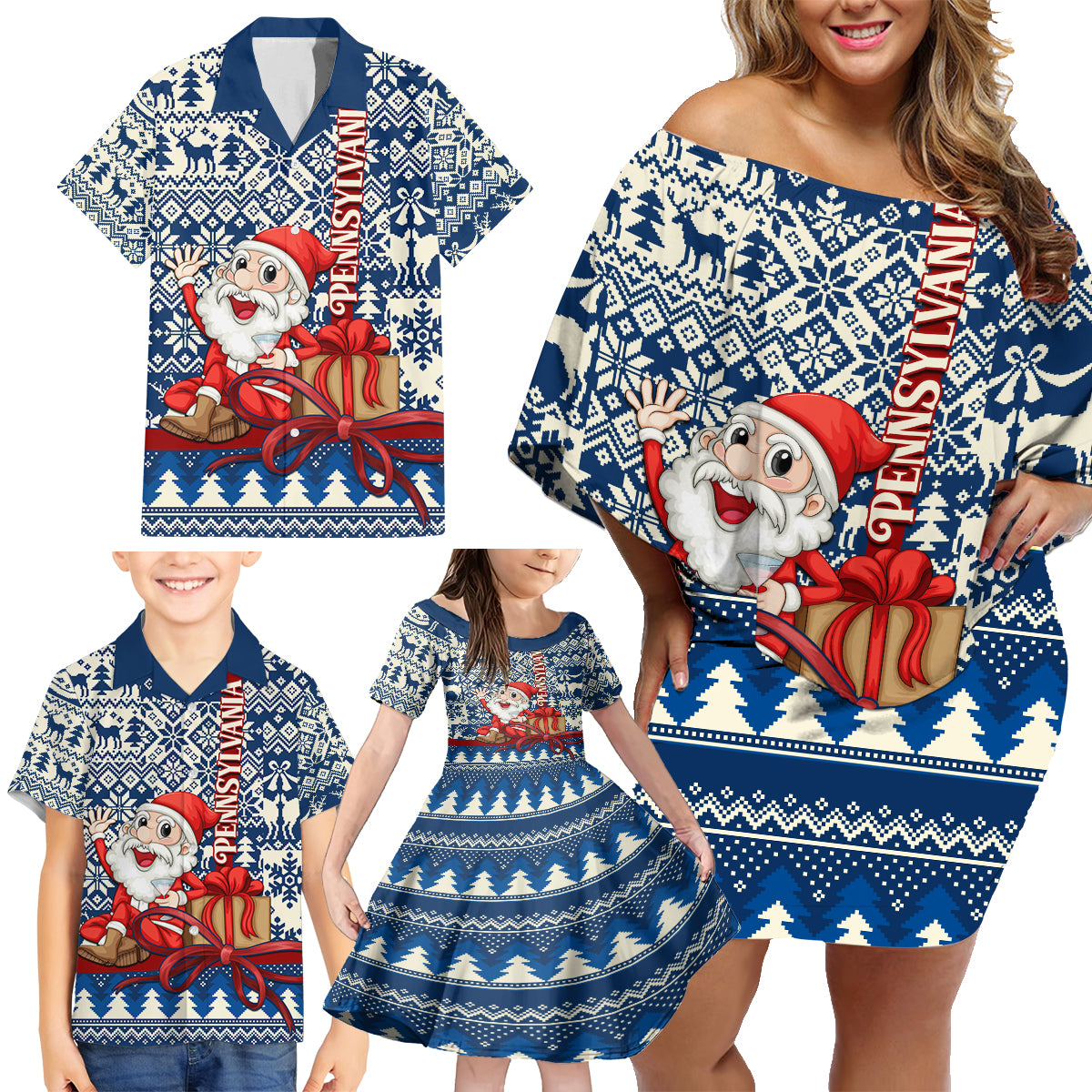 Pennsylvania Christmas Family Matching Off Shoulder Short Dress and Hawaiian Shirt Santa Claus With Gift Box Xmas Pattern - Wonder Print Shop