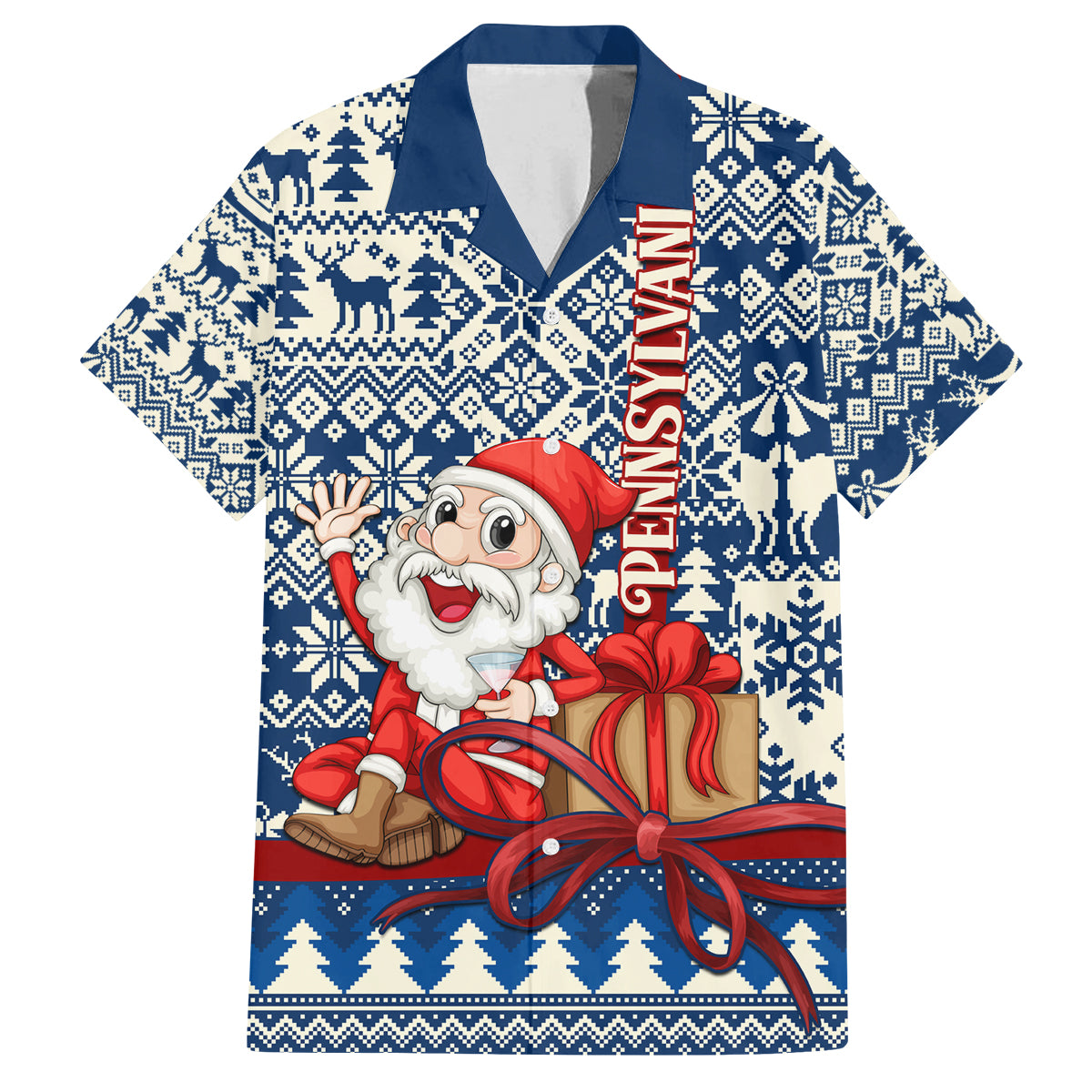 Pennsylvania Christmas Family Matching Off Shoulder Short Dress and Hawaiian Shirt Santa Claus With Gift Box Xmas Pattern - Wonder Print Shop