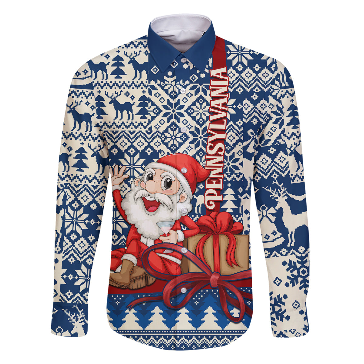 Pennsylvania Christmas Family Matching Off Shoulder Short Dress and Hawaiian Shirt Santa Claus With Gift Box Xmas Pattern - Wonder Print Shop