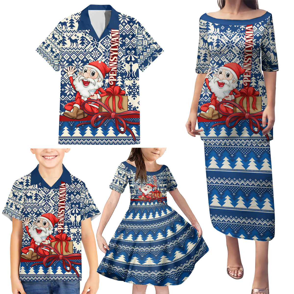 Pennsylvania Christmas Family Matching Puletasi Dress and Hawaiian Shirt Santa Claus With Gift Box Xmas Pattern - Wonder Print Shop