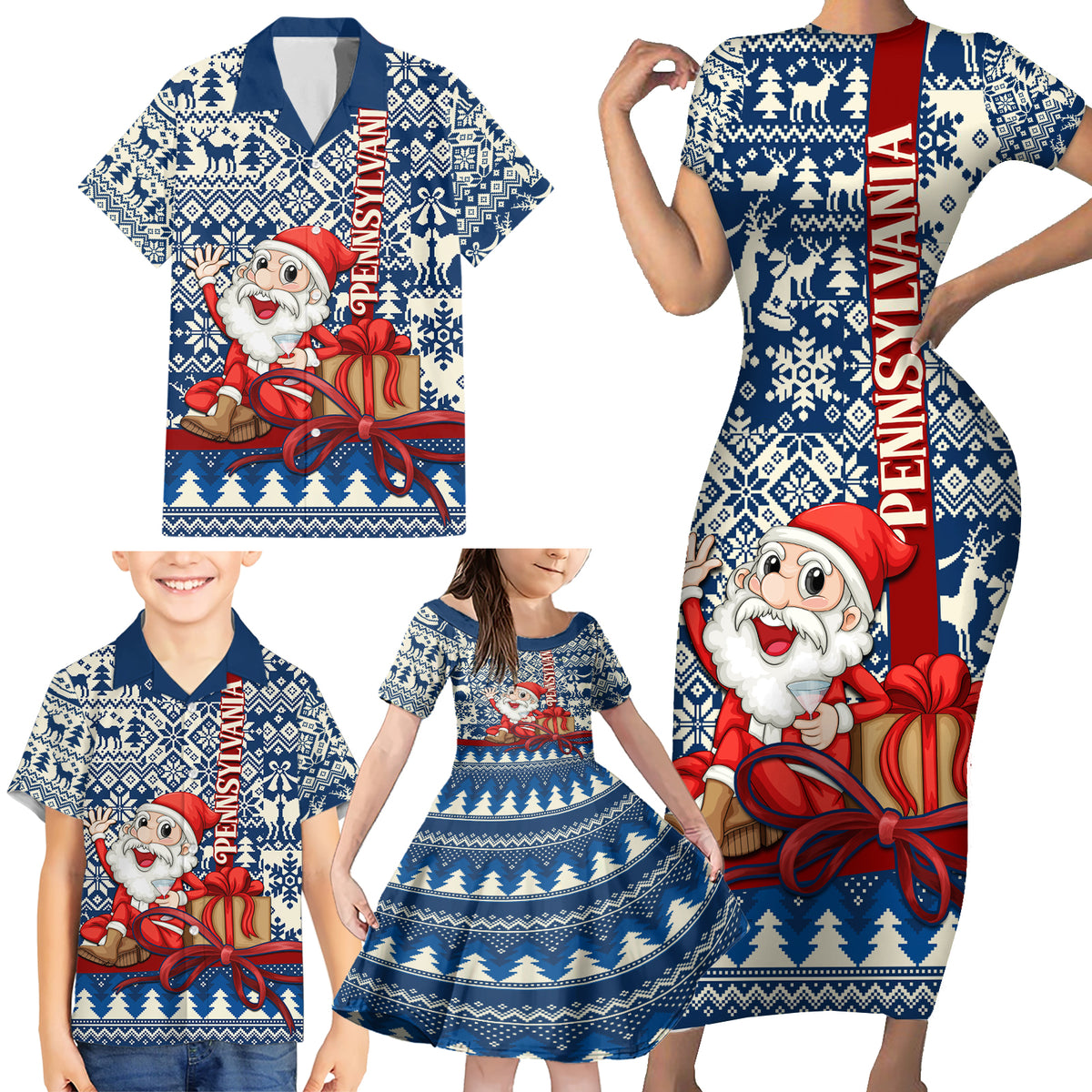 Pennsylvania Christmas Family Matching Short Sleeve Bodycon Dress and Hawaiian Shirt Santa Claus With Gift Box Xmas Pattern - Wonder Print Shop