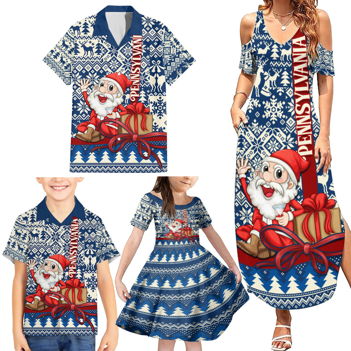 Pennsylvania Christmas Family Matching Summer Maxi Dress and Hawaiian Shirt Santa Claus With Gift Box Xmas Pattern - Wonder Print Shop
