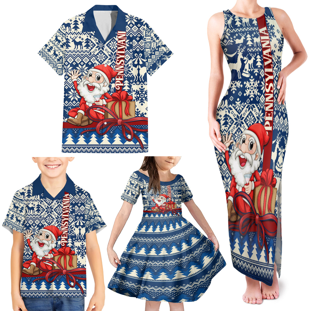Pennsylvania Christmas Family Matching Tank Maxi Dress and Hawaiian Shirt Santa Claus With Gift Box Xmas Pattern - Wonder Print Shop