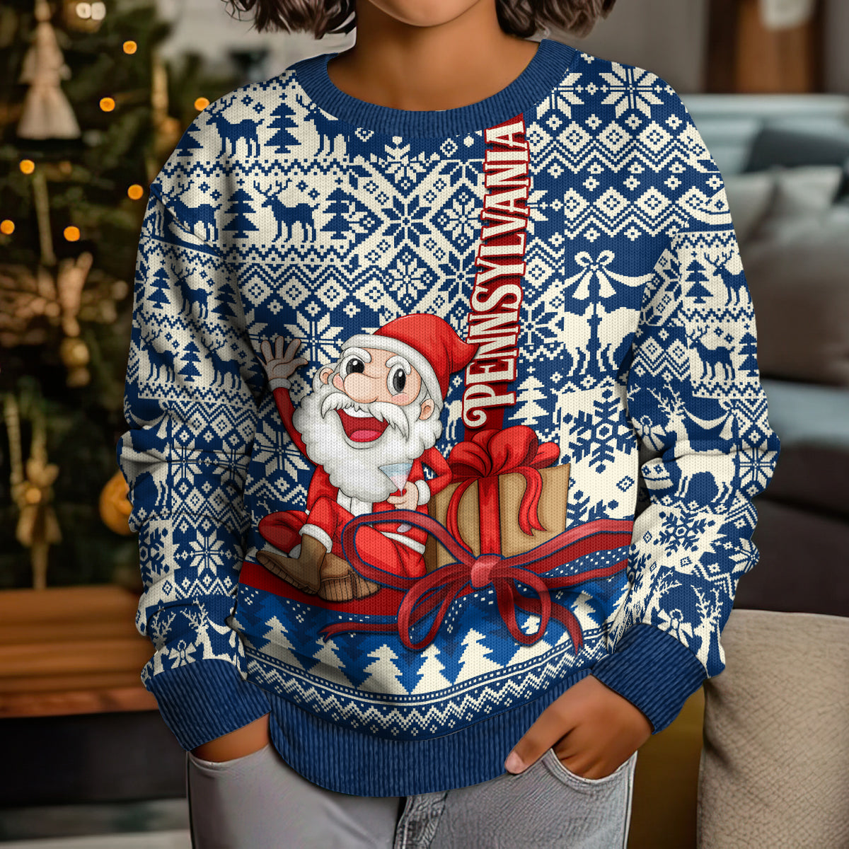 Pennsylvania Christmas Kid Ugly Christmas Sweater Santa Claus With Gift Box Xmas Pattern - Wonder Print Shop