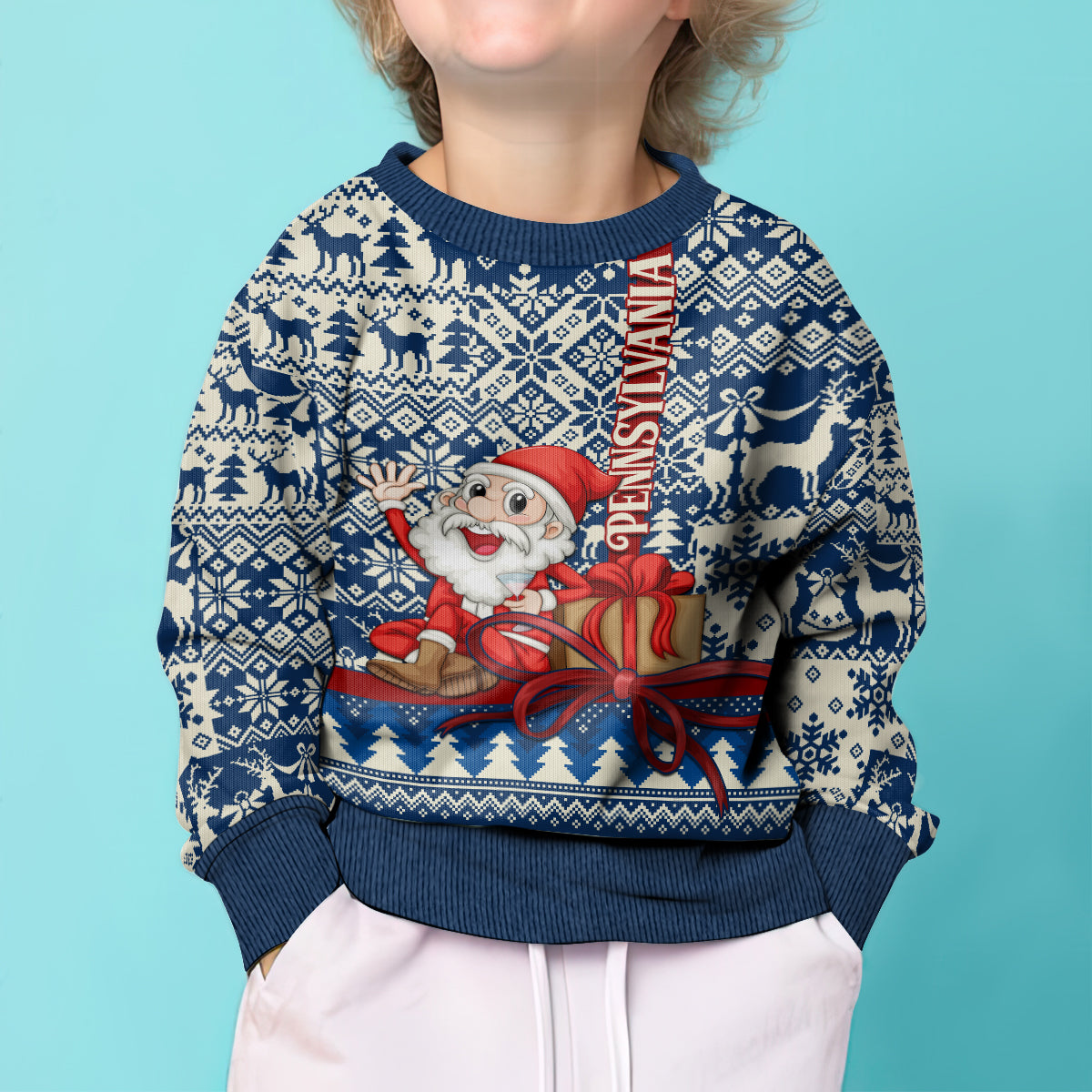 Pennsylvania Christmas Kid Ugly Christmas Sweater Santa Claus With Gift Box Xmas Pattern - Wonder Print Shop