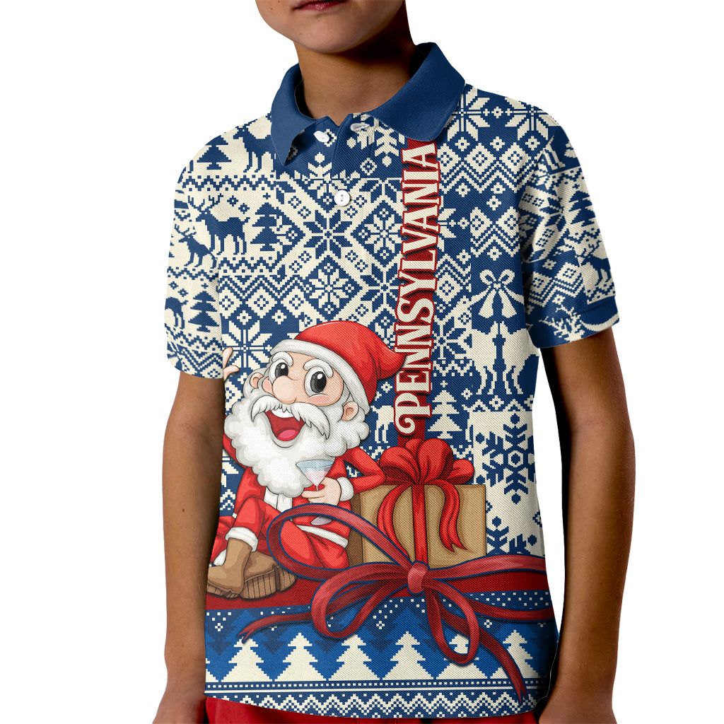 Pennsylvania Christmas Kid Polo Shirt Santa Claus With Gift Box Xmas Pattern - Wonder Print Shop