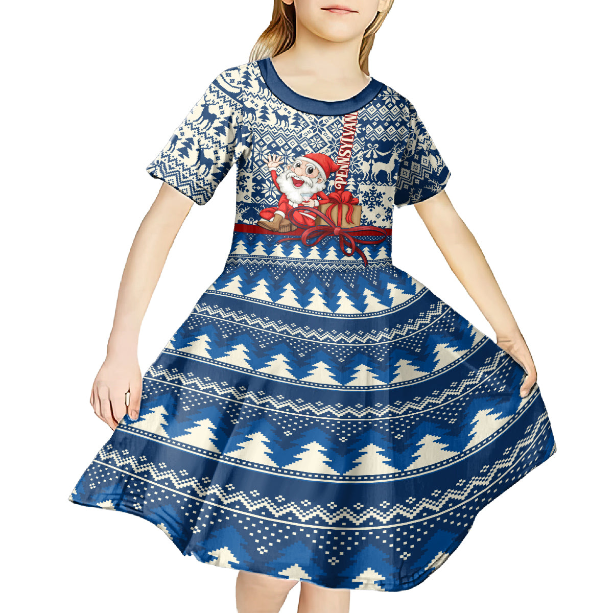 Pennsylvania Christmas Kid Short Sleeve Dress Santa Claus With Gift Box Xmas Pattern - Wonder Print Shop