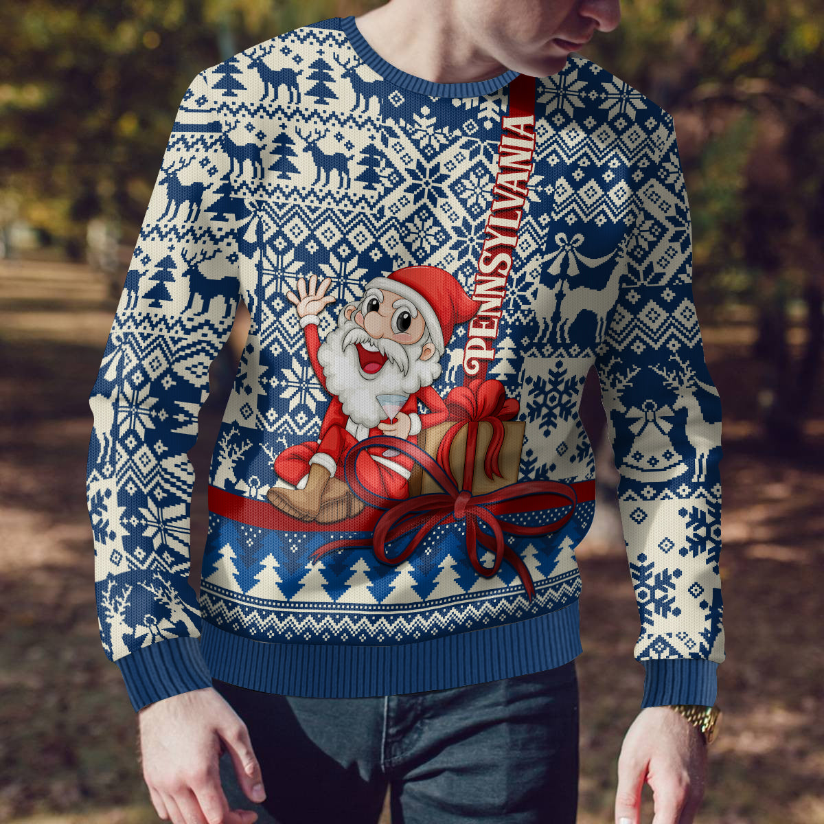 Pennsylvania Christmas Ugly Christmas Sweater Santa Claus With Gift Box Xmas Pattern - Wonder Print Shop