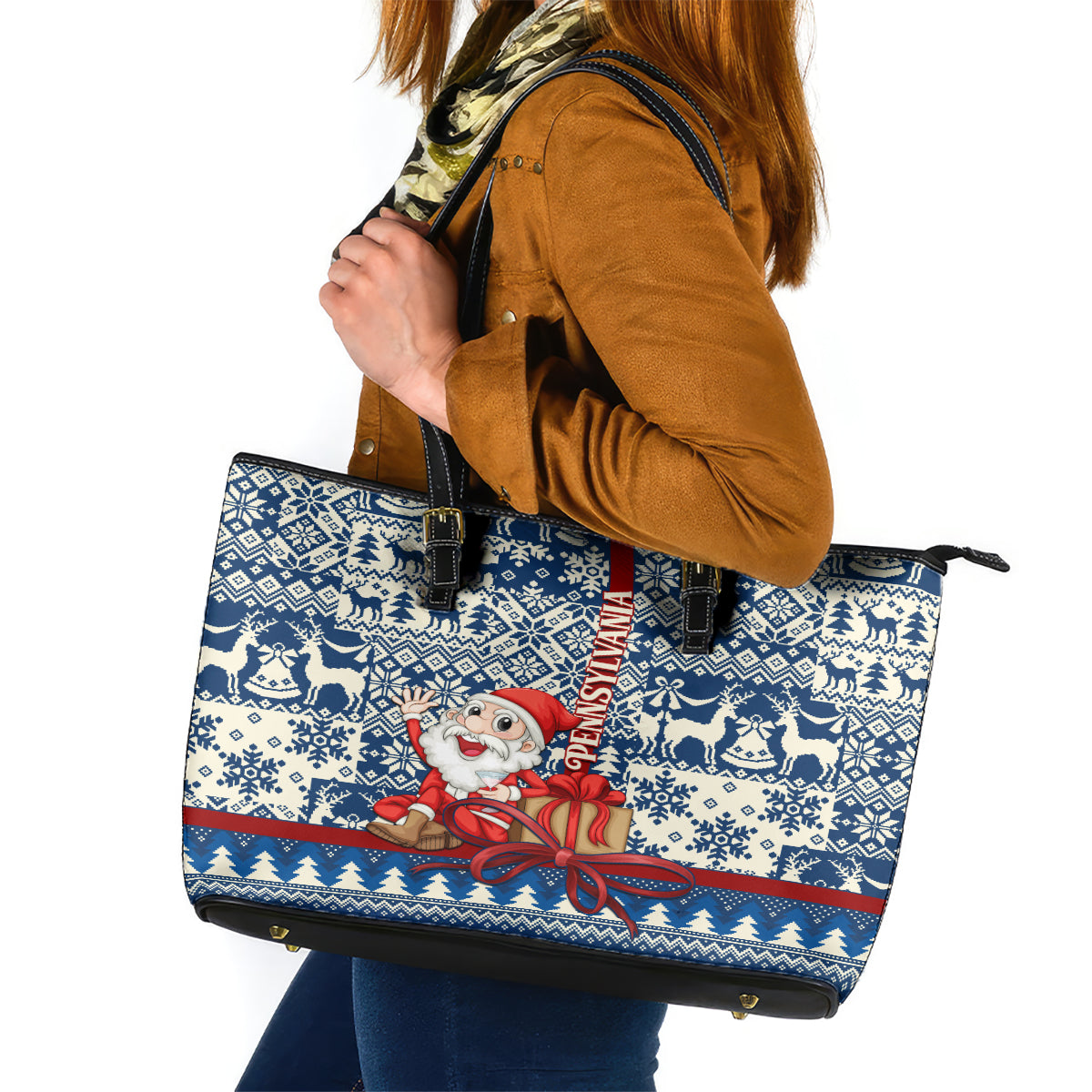 Pennsylvania Christmas Leather Tote Bag Santa Claus With Gift Box Xmas Pattern - Wonder Print Shop
