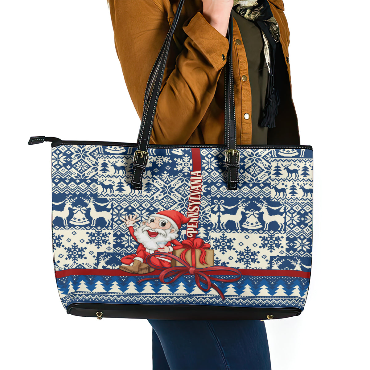 Pennsylvania Christmas Leather Tote Bag Santa Claus With Gift Box Xmas Pattern - Wonder Print Shop