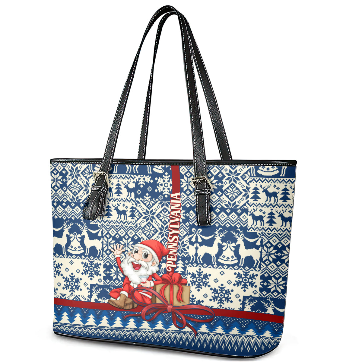 Pennsylvania Christmas Leather Tote Bag Santa Claus With Gift Box Xmas Pattern - Wonder Print Shop