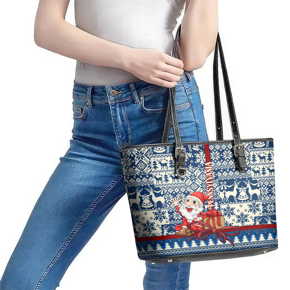 Pennsylvania Christmas Leather Tote Bag Santa Claus With Gift Box Xmas Pattern - Wonder Print Shop