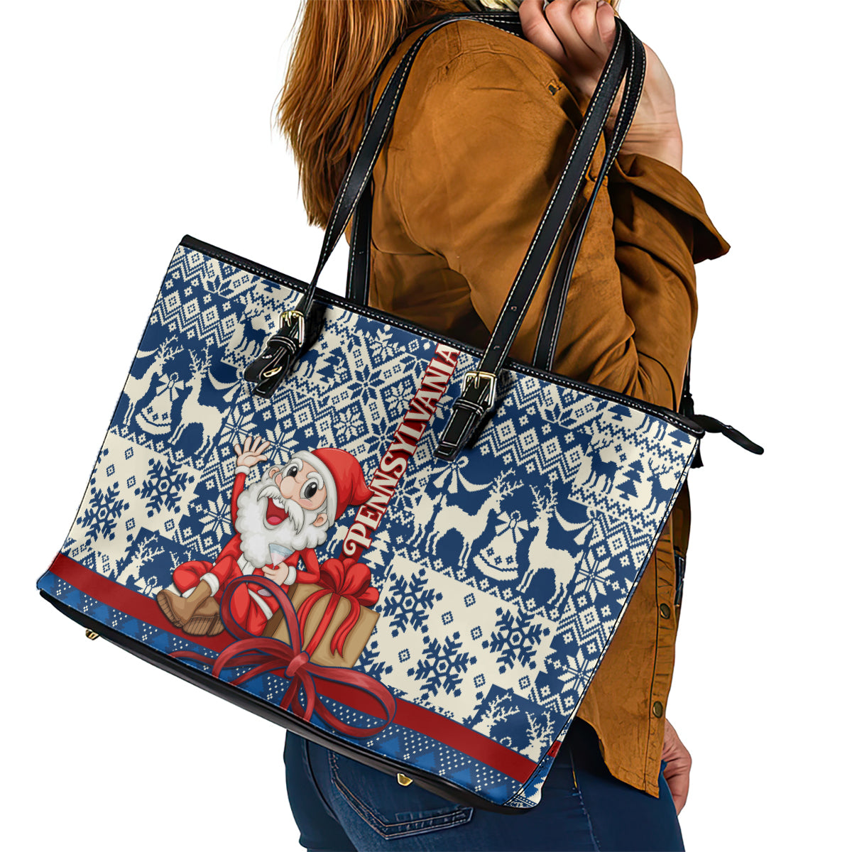 Pennsylvania Christmas Leather Tote Bag Santa Claus With Gift Box Xmas Pattern - Wonder Print Shop