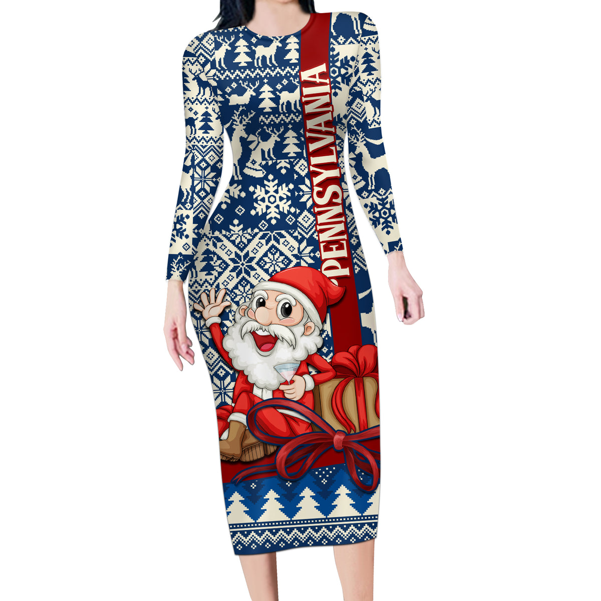 Pennsylvania Christmas Long Sleeve Bodycon Dress Santa Claus With Gift Box Xmas Pattern - Wonder Print Shop