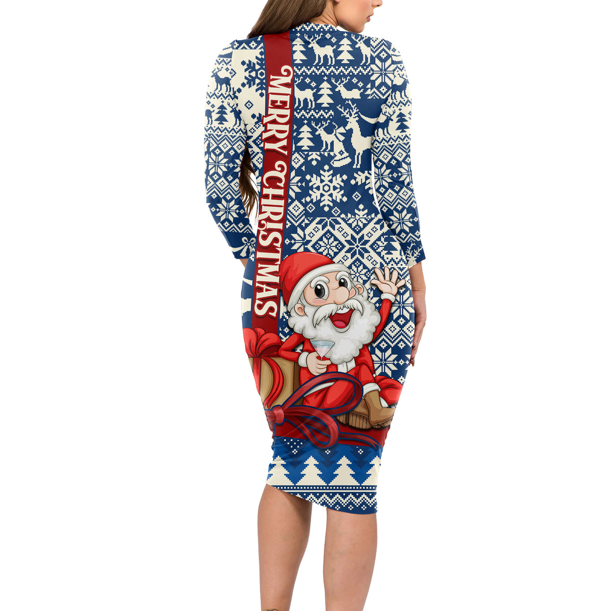 Pennsylvania Christmas Long Sleeve Bodycon Dress Santa Claus With Gift Box Xmas Pattern - Wonder Print Shop