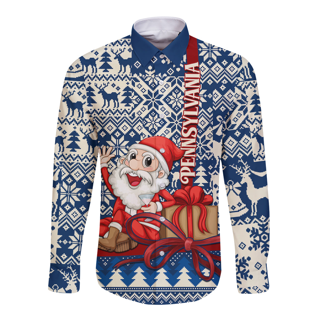 Pennsylvania Christmas Long Sleeve Button Shirt Santa Claus With Gift Box Xmas Pattern - Wonder Print Shop