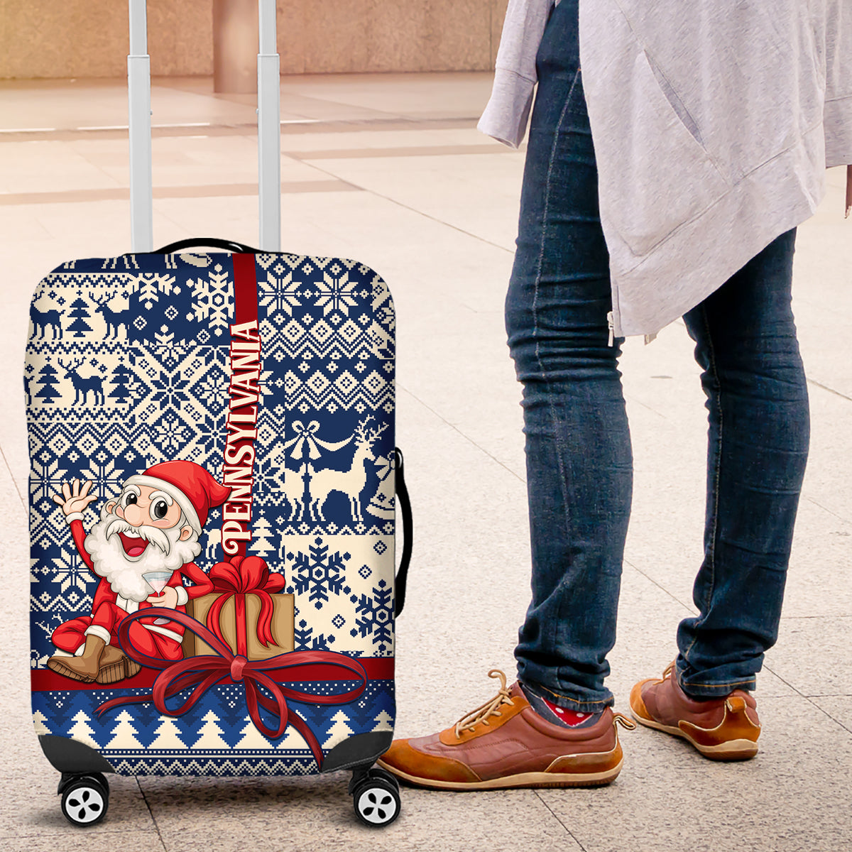 Pennsylvania Christmas Luggage Cover Santa Claus With Gift Box Xmas Pattern - Wonder Print Shop