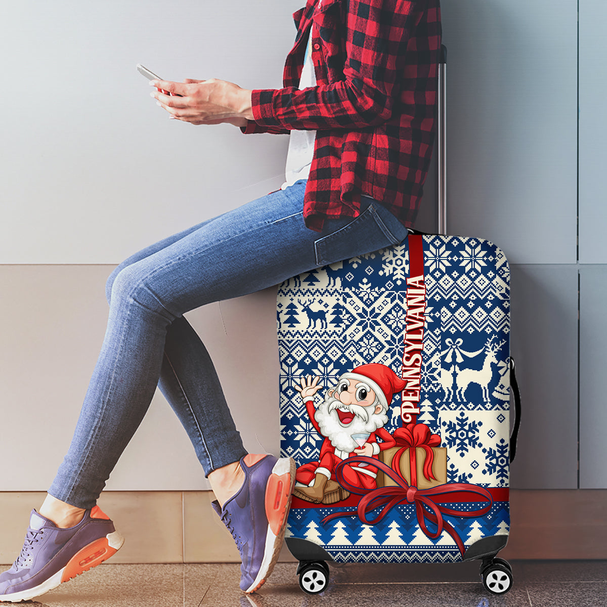 Pennsylvania Christmas Luggage Cover Santa Claus With Gift Box Xmas Pattern - Wonder Print Shop