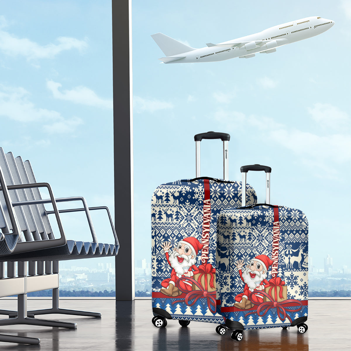Pennsylvania Christmas Luggage Cover Santa Claus With Gift Box Xmas Pattern - Wonder Print Shop