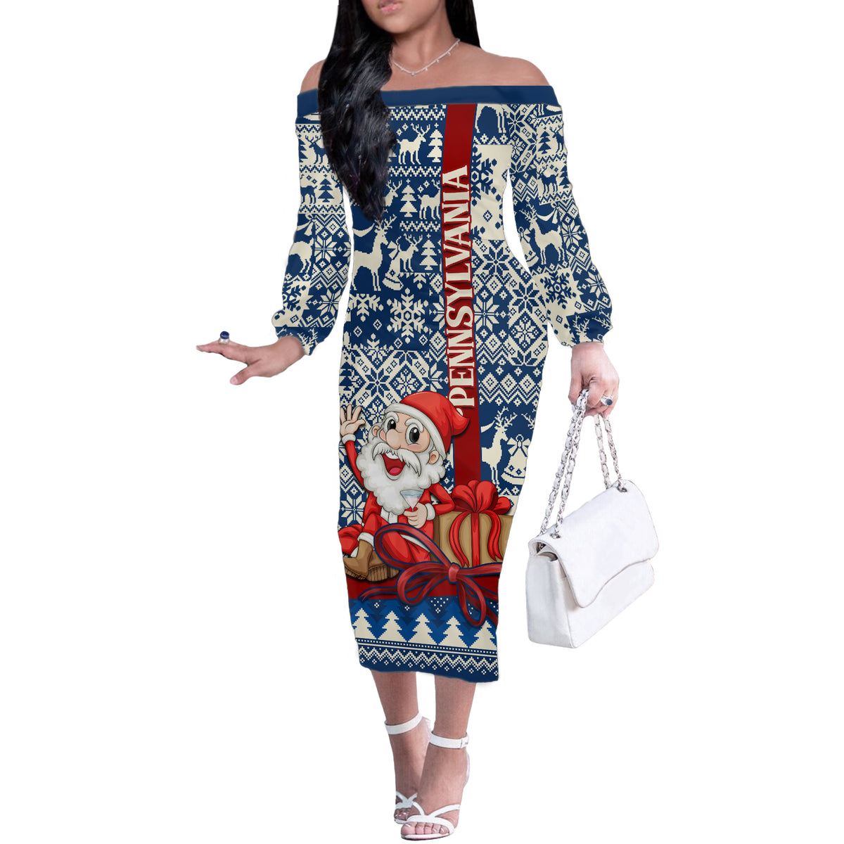 Pennsylvania Christmas Off The Shoulder Long Sleeve Dress Santa Claus With Gift Box Xmas Pattern - Wonder Print Shop