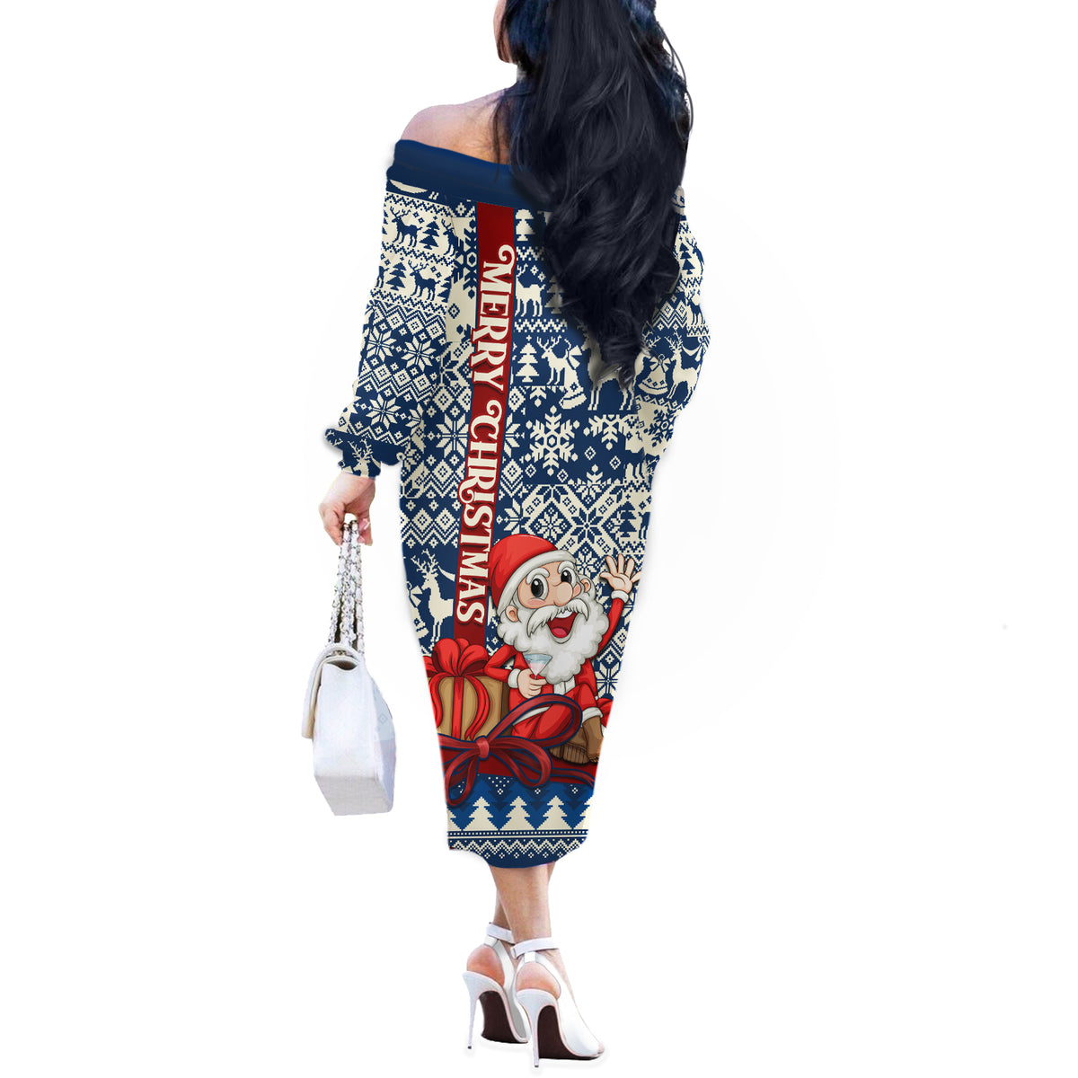 Pennsylvania Christmas Off The Shoulder Long Sleeve Dress Santa Claus With Gift Box Xmas Pattern - Wonder Print Shop