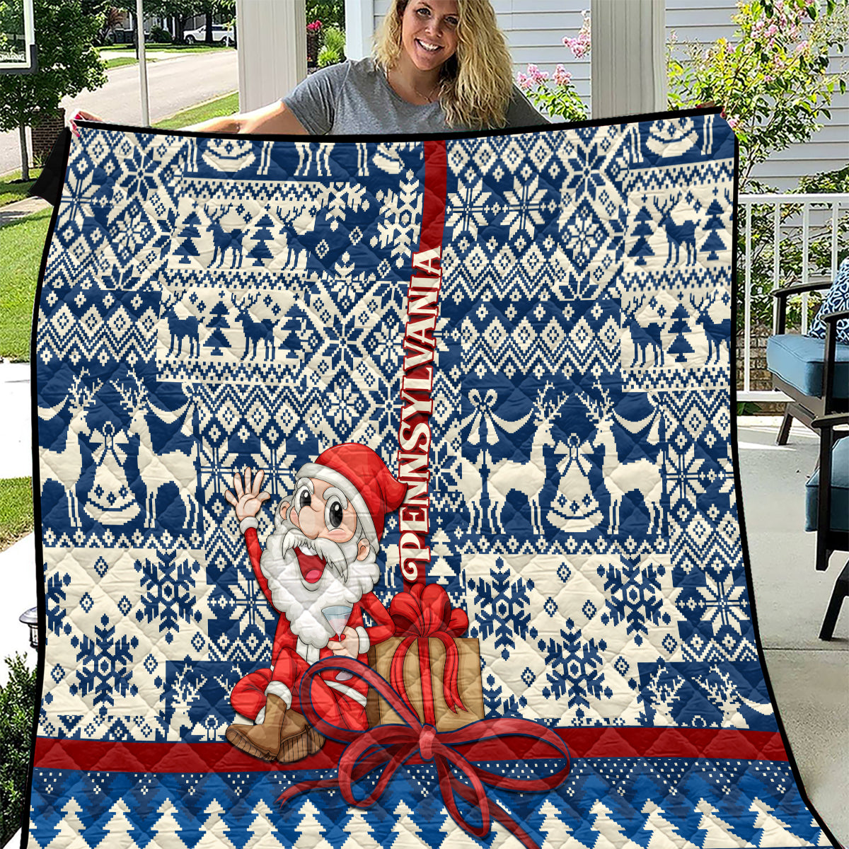 Pennsylvania Christmas Quilt Santa Claus With Gift Box Xmas Pattern - Wonder Print Shop