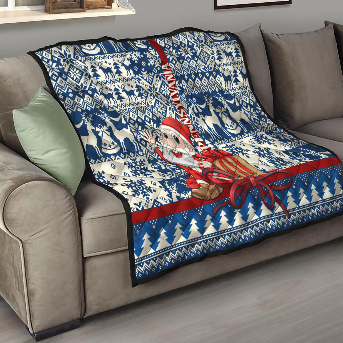 Pennsylvania Christmas Quilt Santa Claus With Gift Box Xmas Pattern - Wonder Print Shop