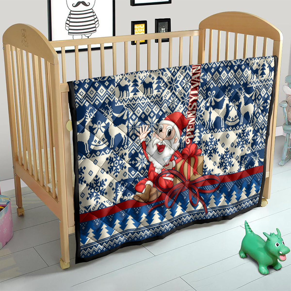 Pennsylvania Christmas Quilt Santa Claus With Gift Box Xmas Pattern - Wonder Print Shop