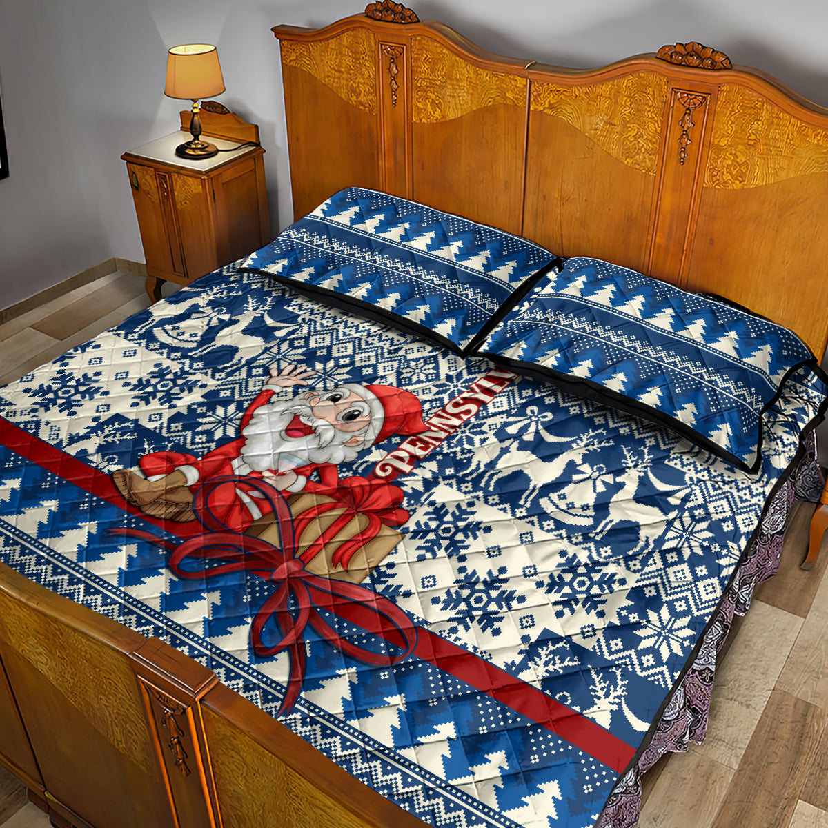 Pennsylvania Christmas Quilt Bed Set Santa Claus With Gift Box Xmas Pattern - Wonder Print Shop