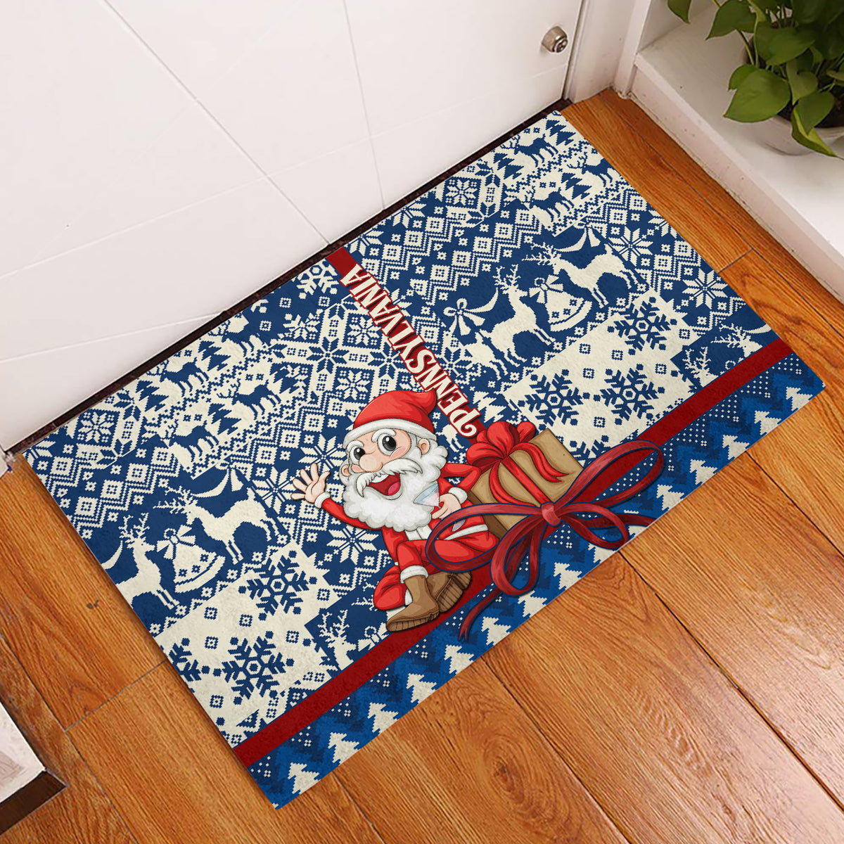 Pennsylvania Christmas Rubber Doormat Santa Claus With Gift Box Xmas Pattern - Wonder Print Shop
