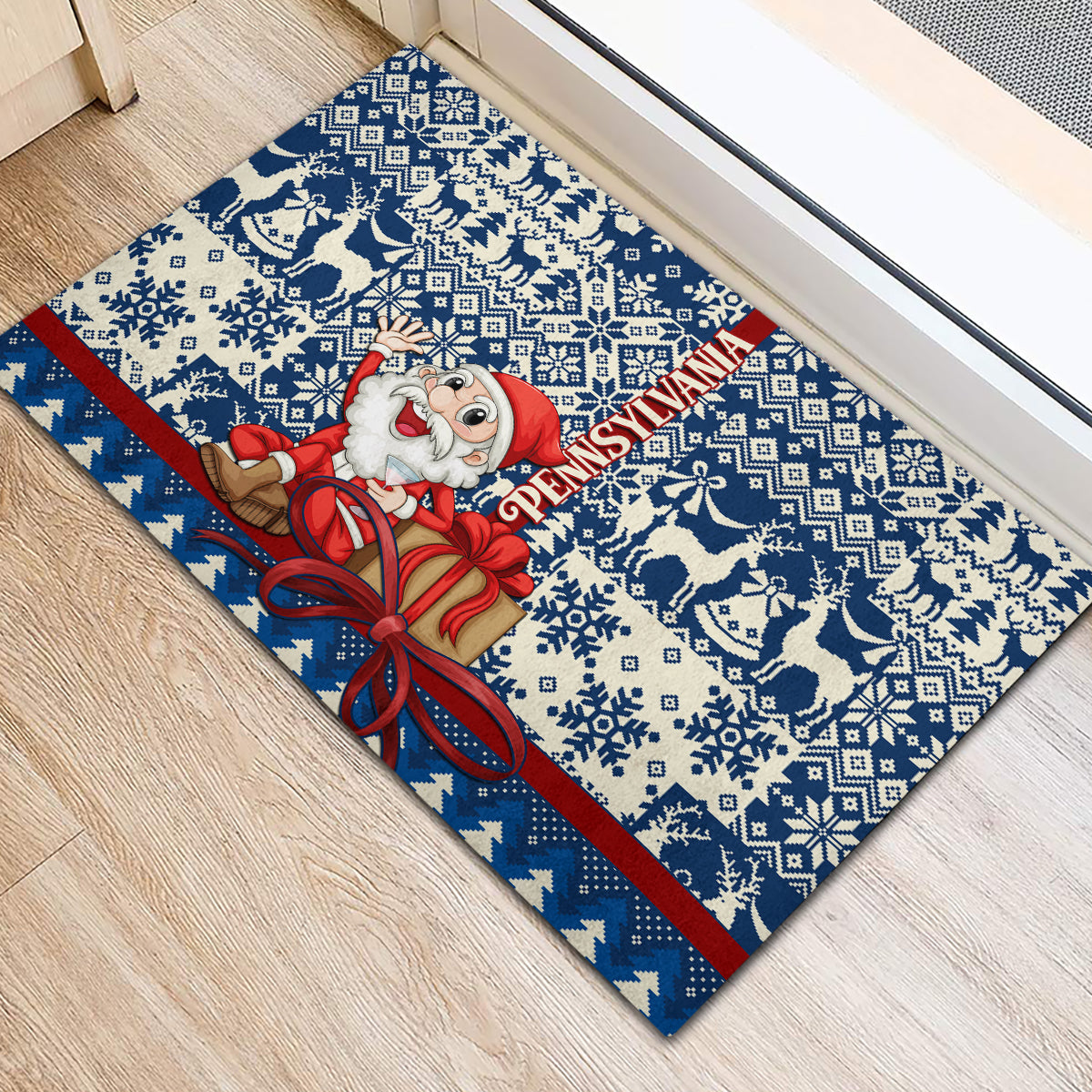 Pennsylvania Christmas Rubber Doormat Santa Claus With Gift Box Xmas Pattern - Wonder Print Shop