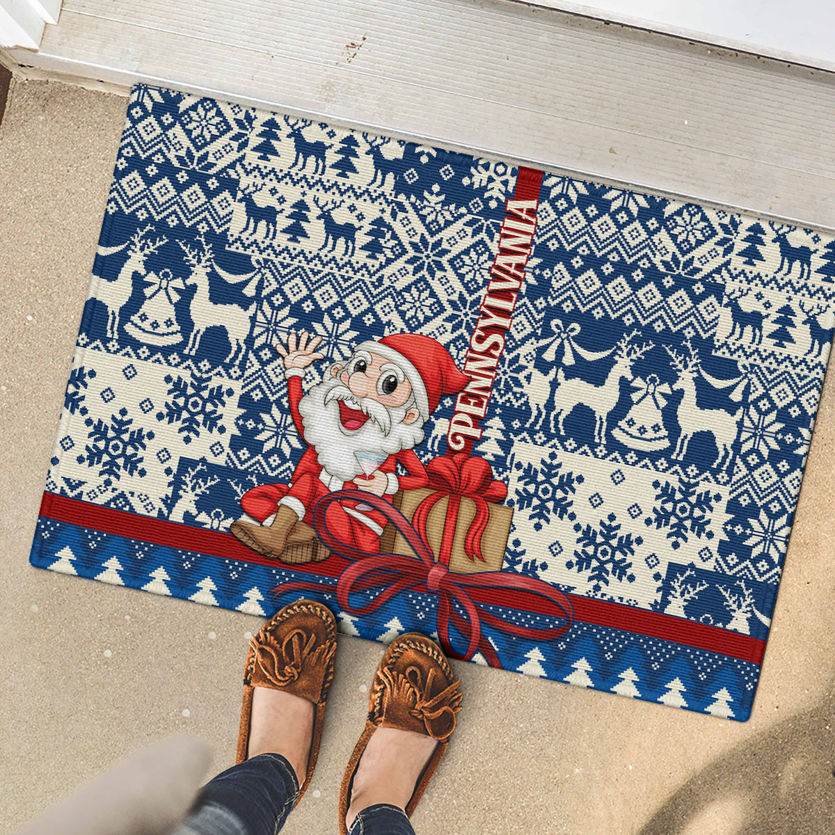 Pennsylvania Christmas Rubber Doormat Santa Claus With Gift Box Xmas Pattern - Wonder Print Shop