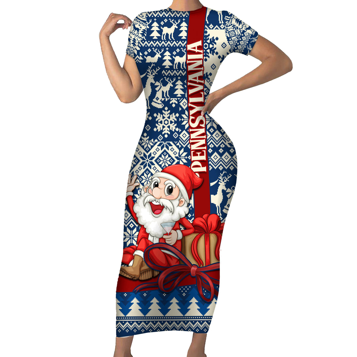 Pennsylvania Christmas Short Sleeve Bodycon Dress Santa Claus With Gift Box Xmas Pattern - Wonder Print Shop