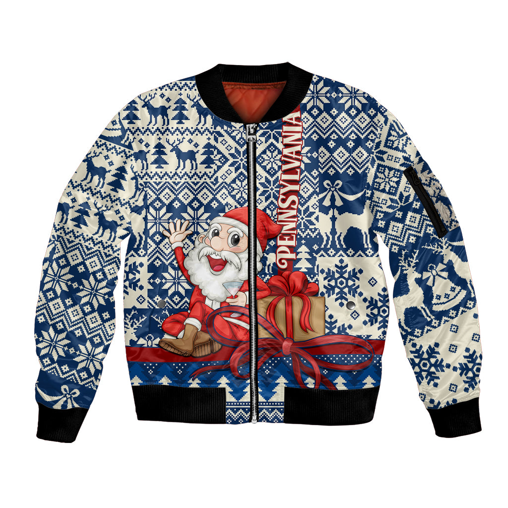 Pennsylvania Christmas Sleeve Zip Bomber Jacket Santa Claus With Gift Box Xmas Pattern - Wonder Print Shop