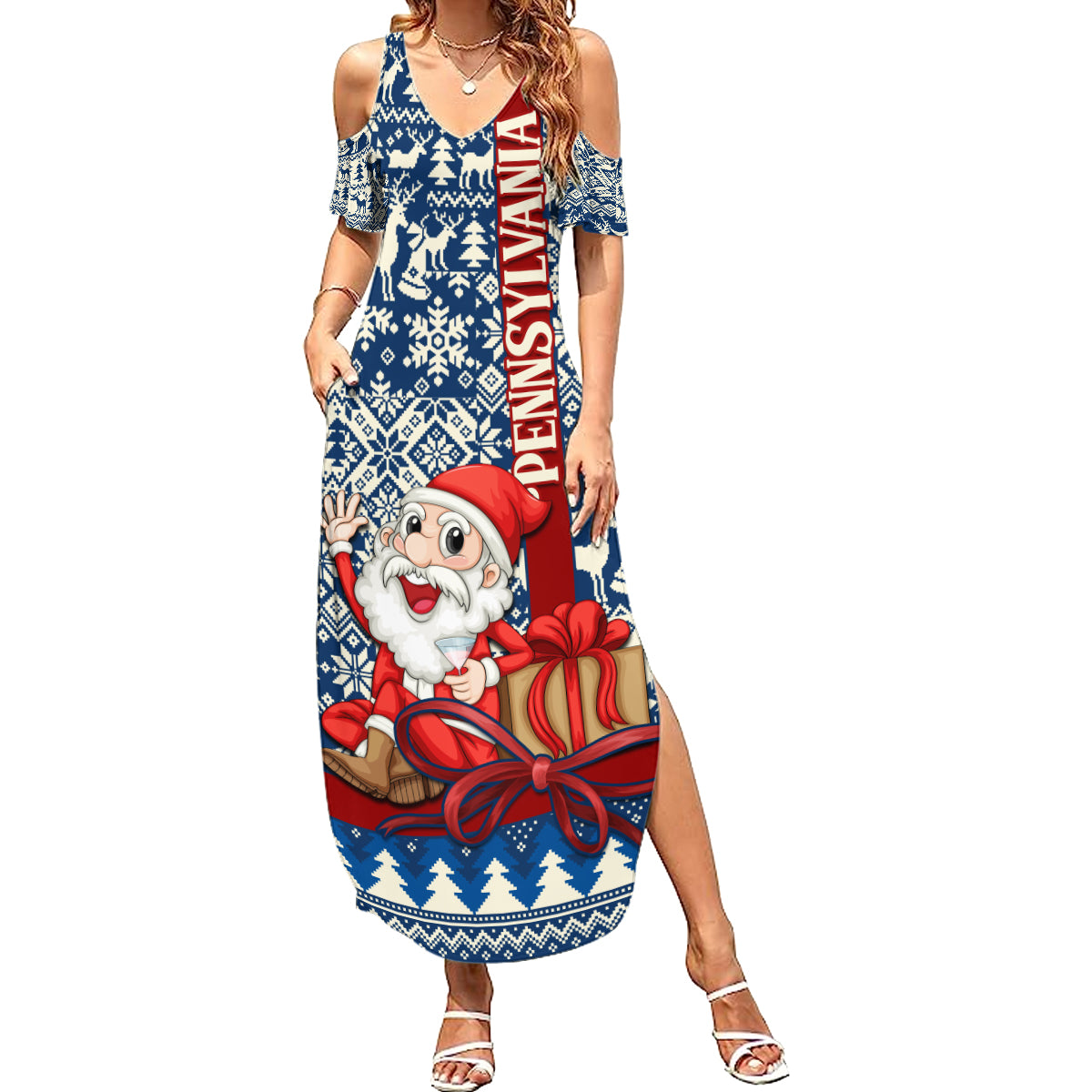 Pennsylvania Christmas Summer Maxi Dress Santa Claus With Gift Box Xmas Pattern - Wonder Print Shop