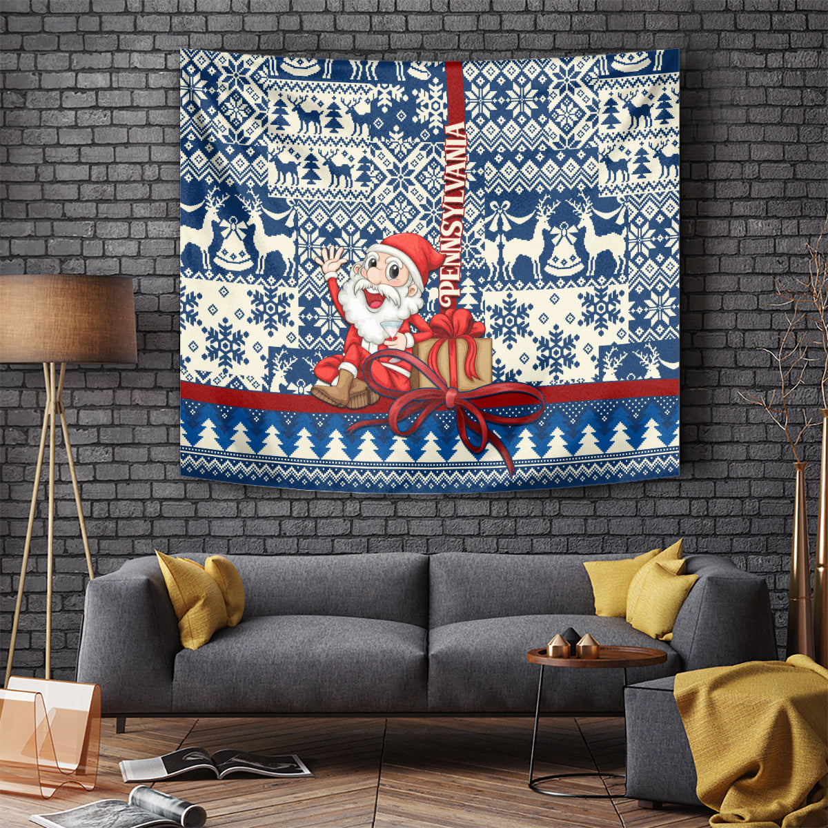 Pennsylvania Christmas Tapestry Santa Claus With Gift Box Xmas Pattern - Wonder Print Shop