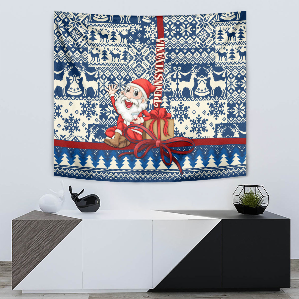 Pennsylvania Christmas Tapestry Santa Claus With Gift Box Xmas Pattern - Wonder Print Shop