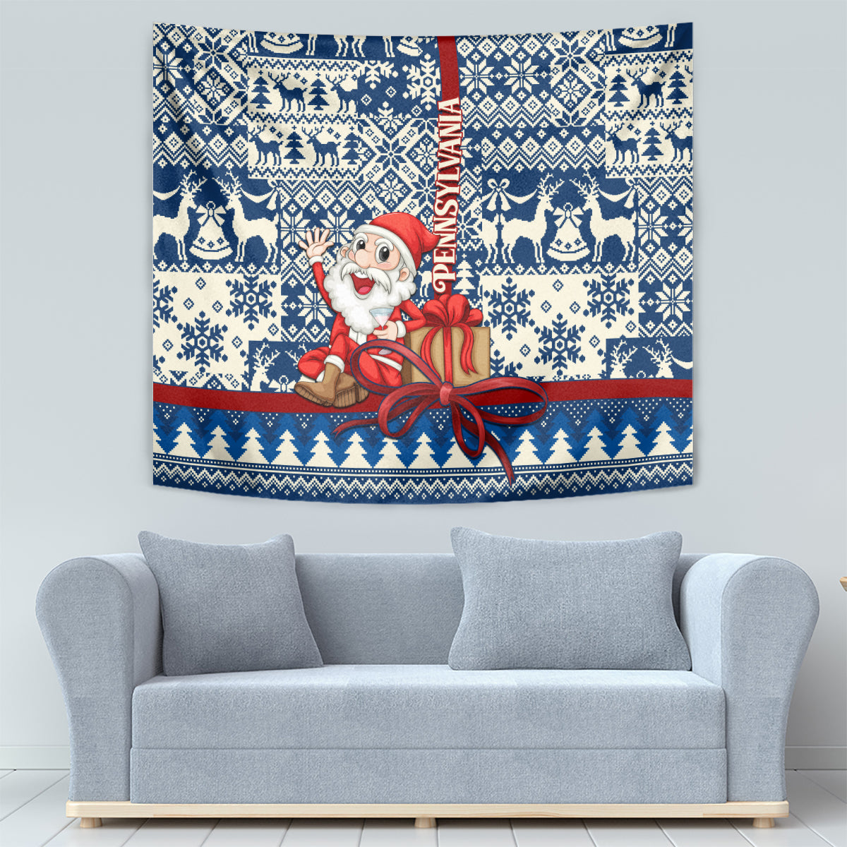Pennsylvania Christmas Tapestry Santa Claus With Gift Box Xmas Pattern - Wonder Print Shop
