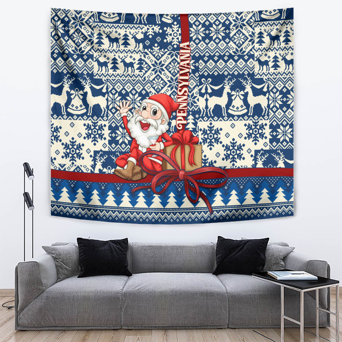 Pennsylvania Christmas Tapestry Santa Claus With Gift Box Xmas Pattern - Wonder Print Shop