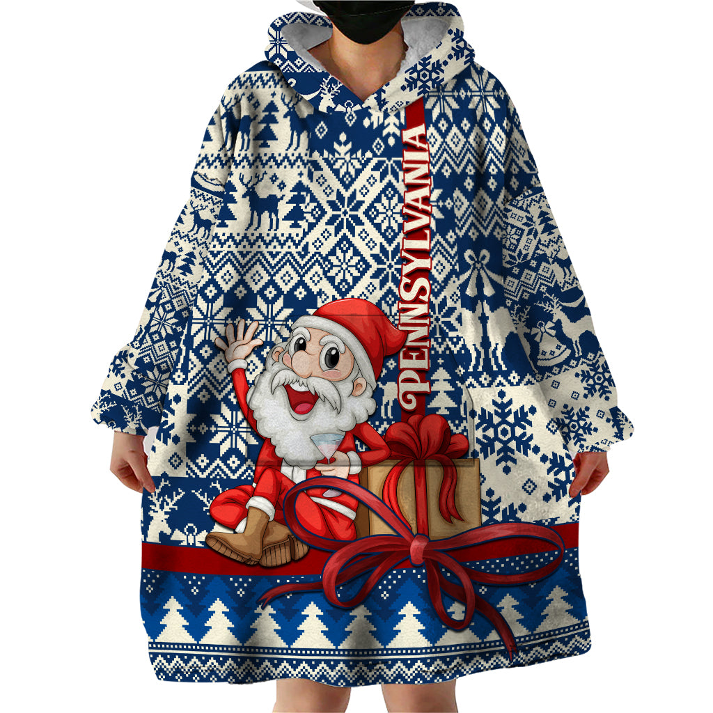 Pennsylvania Christmas Wearable Blanket Hoodie Santa Claus With Gift Box Xmas Pattern - Wonder Print Shop