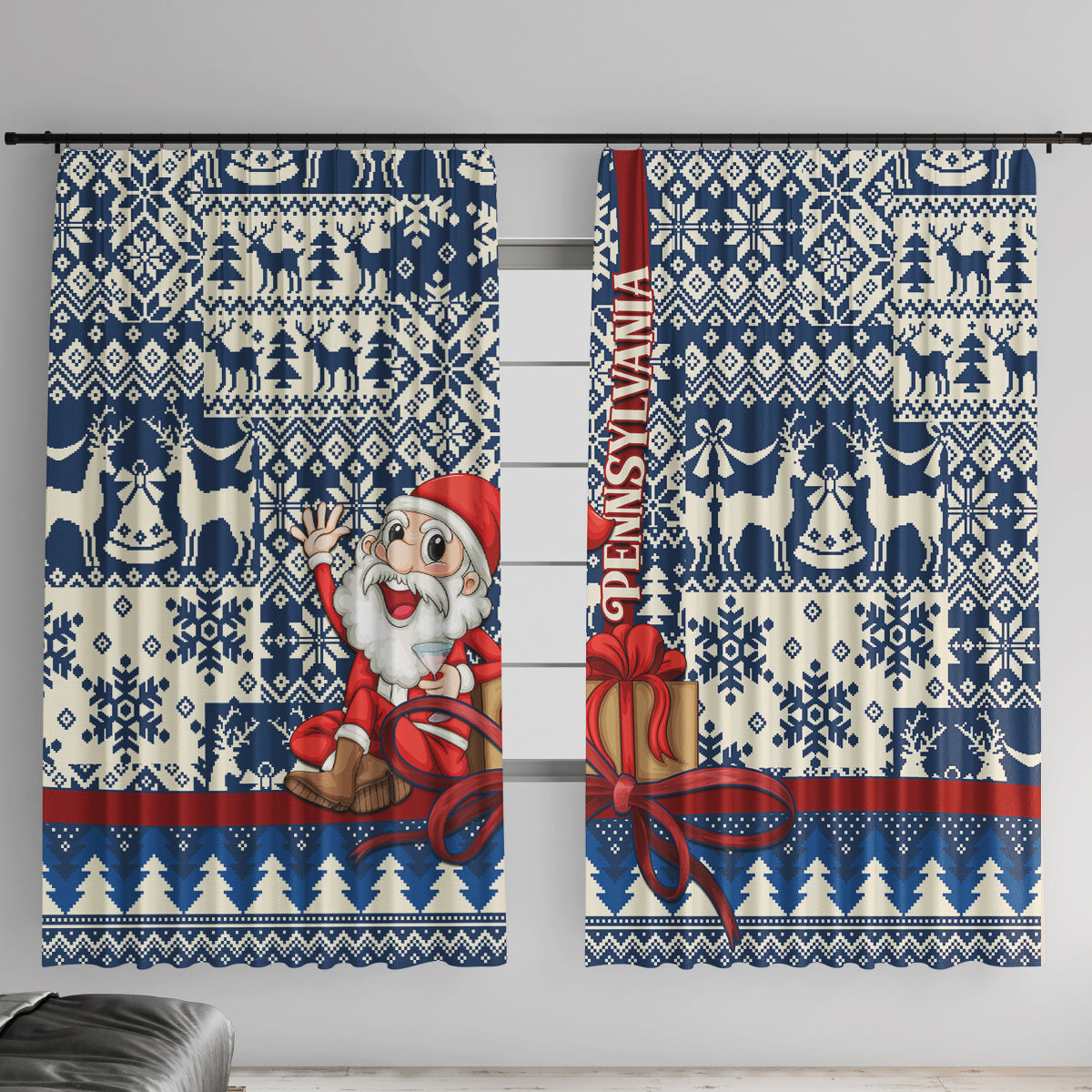 Pennsylvania Christmas Window Curtain Santa Claus With Gift Box Xmas Pattern - Wonder Print Shop