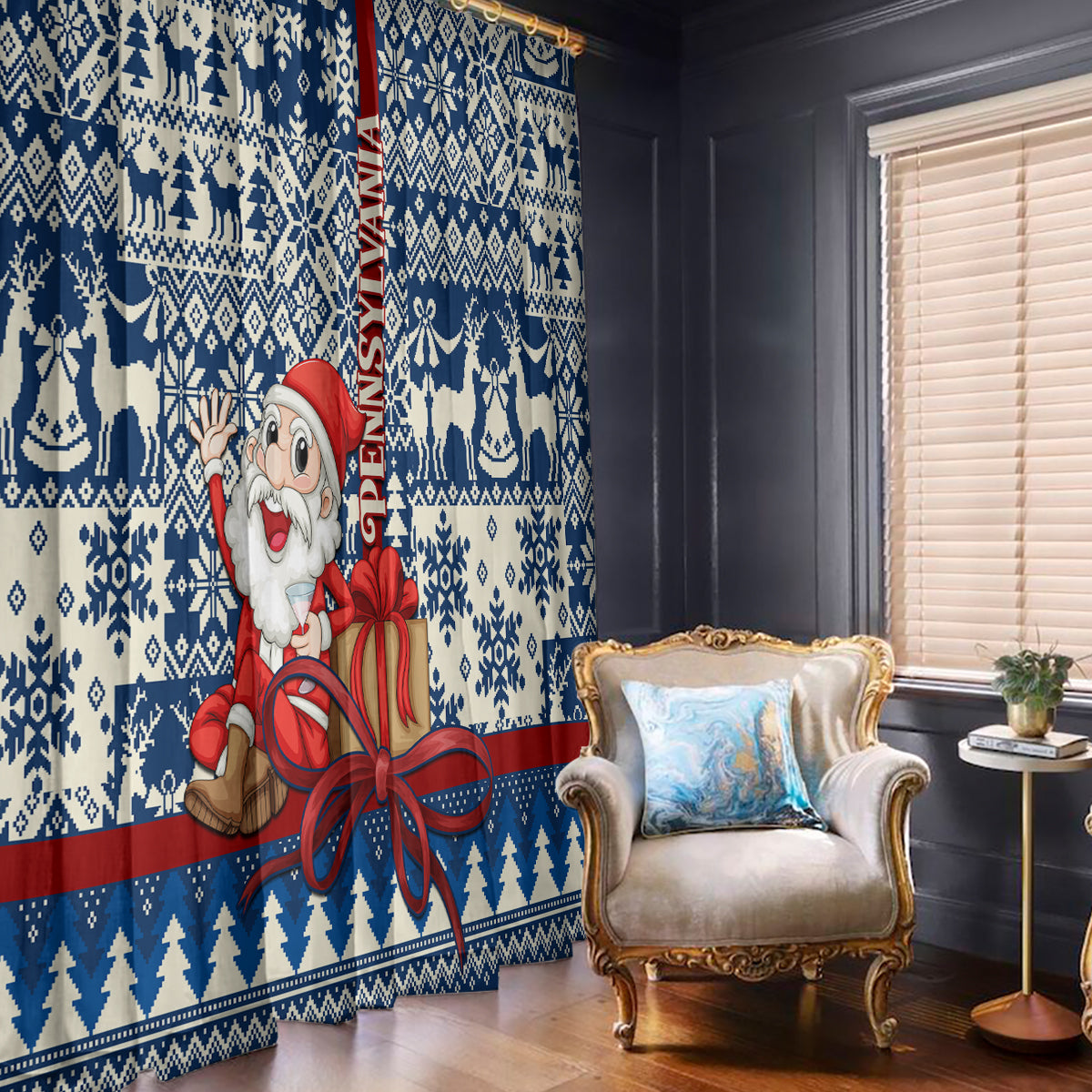 Pennsylvania Christmas Window Curtain Santa Claus With Gift Box Xmas Pattern - Wonder Print Shop