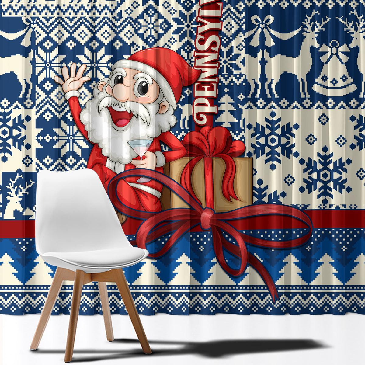 Pennsylvania Christmas Window Curtain Santa Claus With Gift Box Xmas Pattern - Wonder Print Shop
