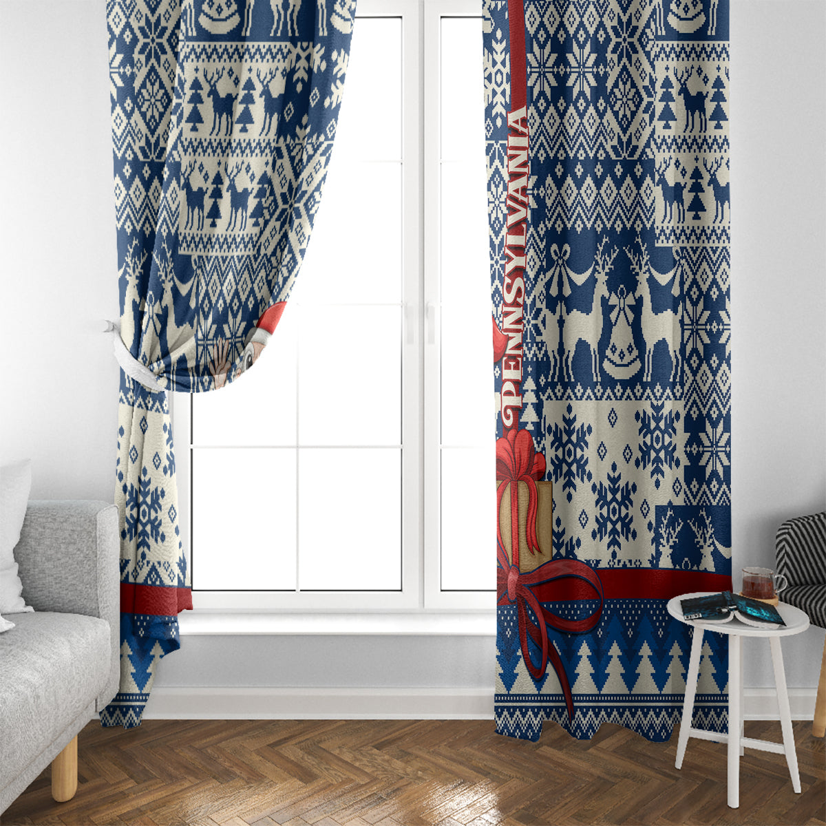 Pennsylvania Christmas Window Curtain Santa Claus With Gift Box Xmas Pattern - Wonder Print Shop