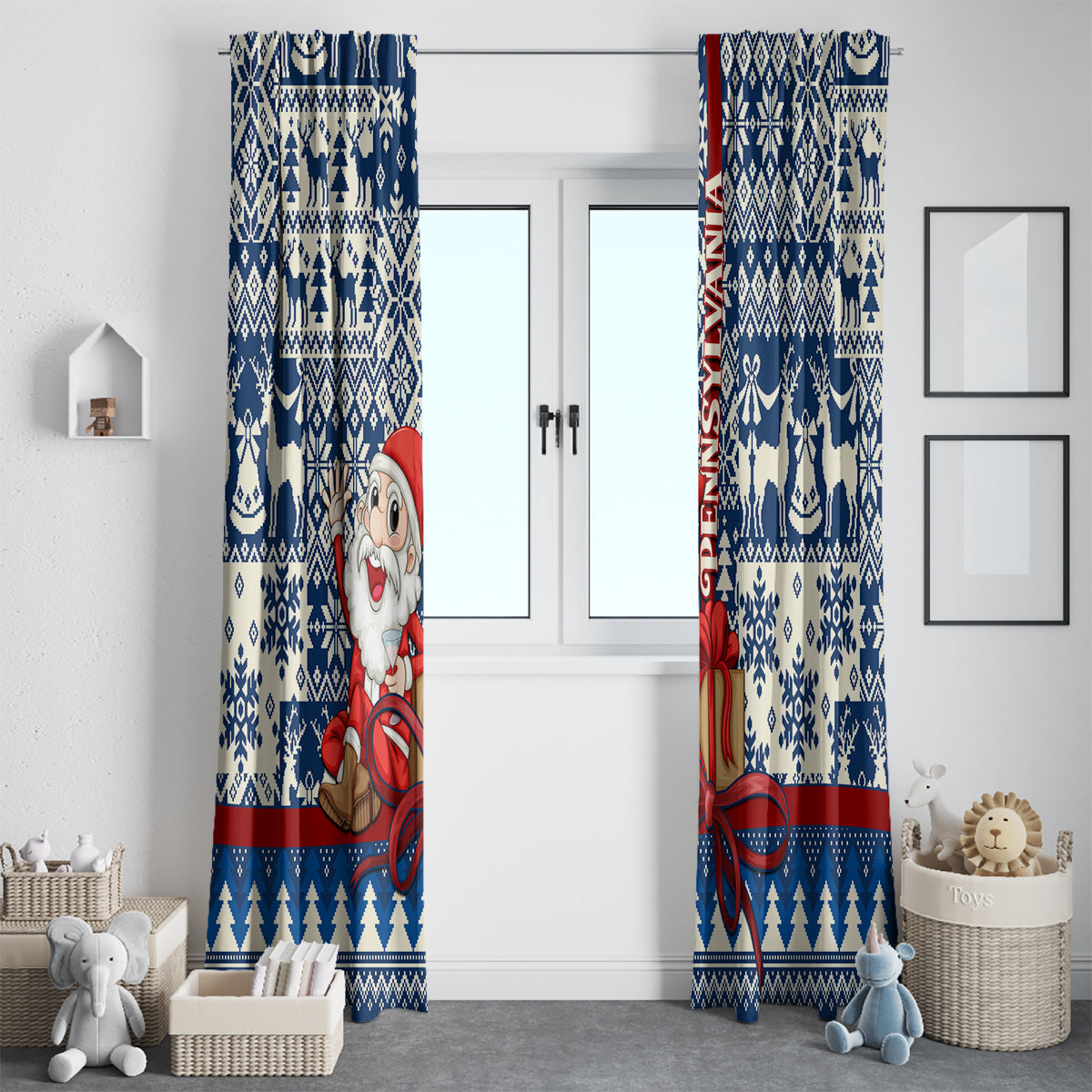 Pennsylvania Christmas Window Curtain Santa Claus With Gift Box Xmas Pattern - Wonder Print Shop