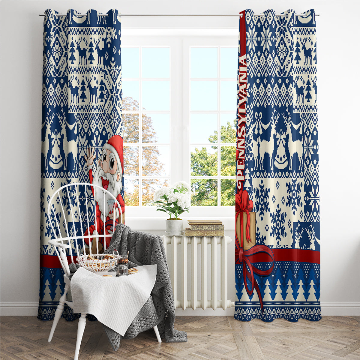 Pennsylvania Christmas Window Curtain Santa Claus With Gift Box Xmas Pattern - Wonder Print Shop
